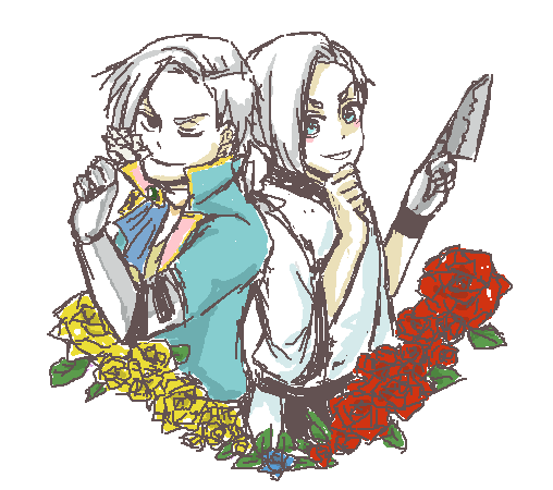 2boys, acquire, blue_eyes, chef, claws, dual_persona, flower, jet_jenkins