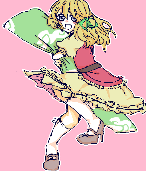 acquire, blonde_hair, blue_eyes, blush, dress, hair_ribbon, high_heels, laura_lita