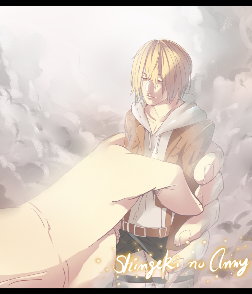 1girl, annie_leonhart, blonde_hair, closed_eyes, d.i.chock_(0kino0), highres, hood, hoodie, jacket, letterboxed, shingeki_no_kyojin, tears, titan_(shingeki_no_kyojin), uniform