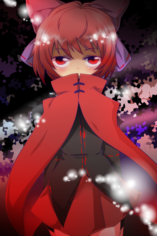 1girl, arms_behind_back, blouse, bow, cape, hair_bow, light_particles, looking_at_viewer