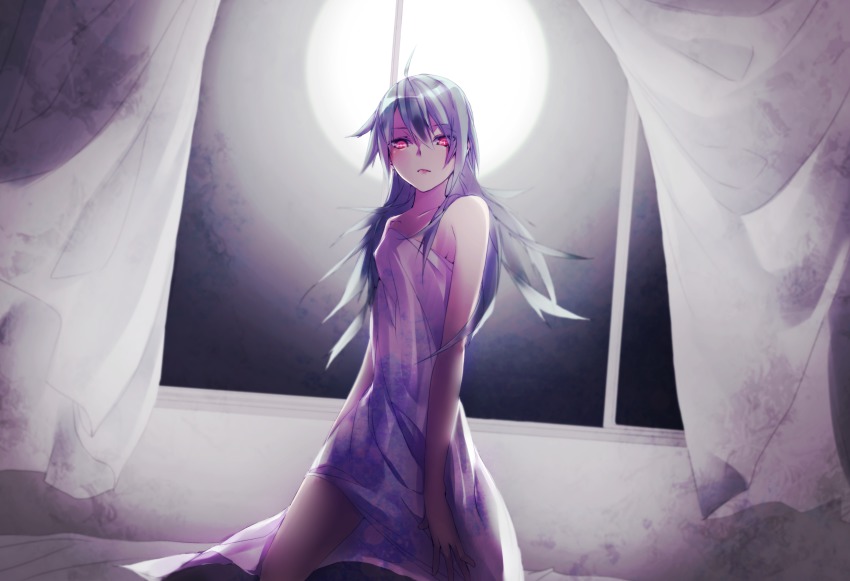 1girl, absurdres, ahoge, alternate_hair_length, alternate_hairstyle, bare_shoulders, bed_sheet, curtains