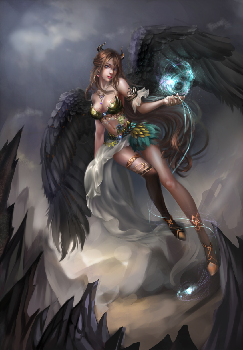 1girl, angel, angel_wings, bad_id, bad_pixiv_id, black_wings, blue_eyes, breasts, cleavage, dark_angel, demon_girl, demon_horns, earrings, energy_ball, female_focus, flower, half_updo, highres, horns, jewelry, large_breasts, long_hair, lots_of_jewelry, midriff, navel, necklace, original, skirt, solo, wings
