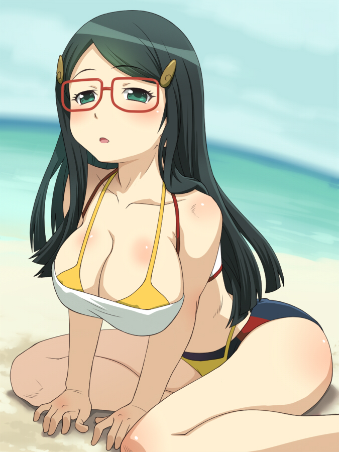 1girl, arm_support, beach, bikini, blush, breasts, chousoku_henkei_gyrozetter, cleavage, day, female_focus, glasses, green_eyes, green_hair, large_breasts, long_hair, matching_hair/eyes, meow_(nekodenki), miwa_satori, ocean, sitting, sky, solo, swimsuit, thighs, water