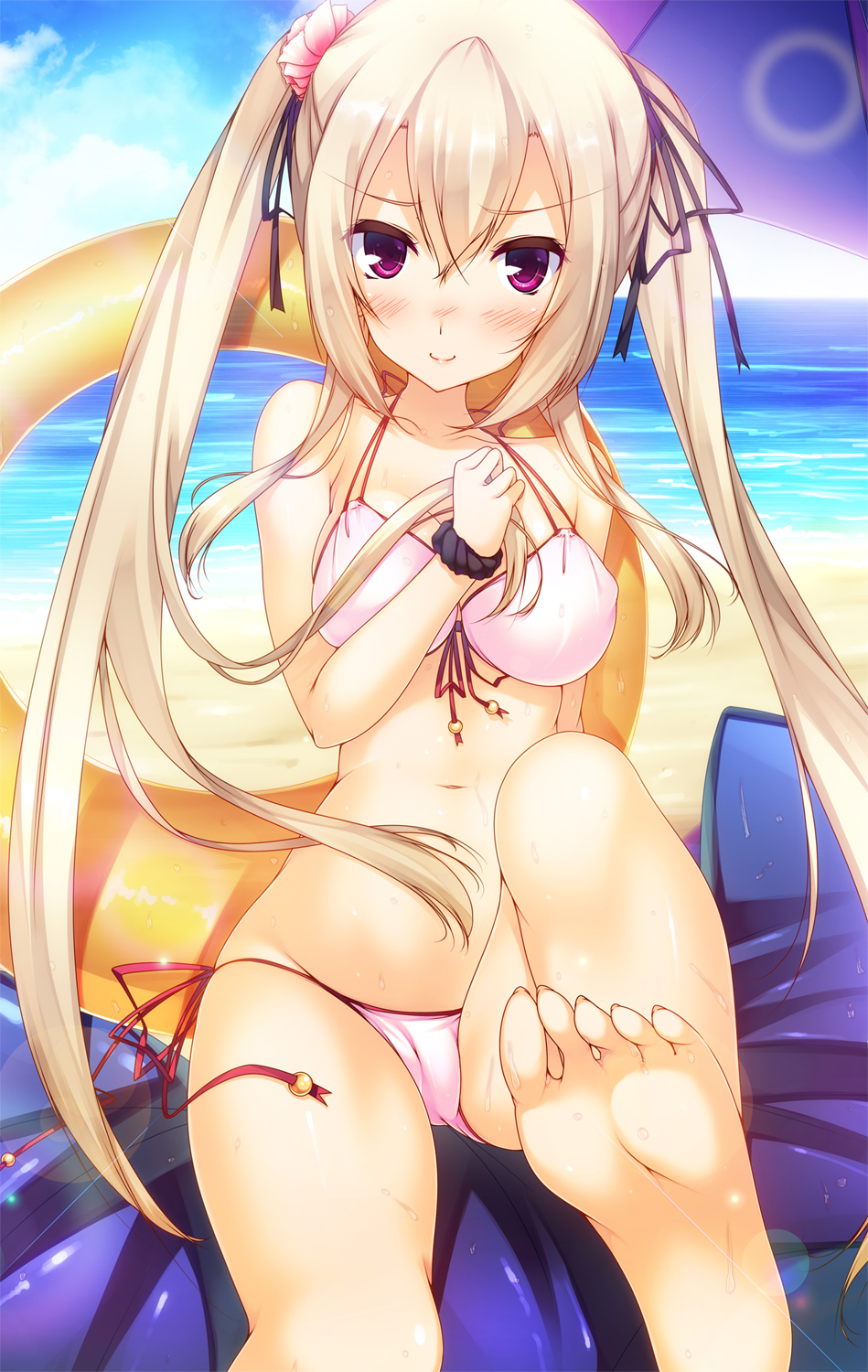 1girl, ayatudura, bad_id, bad_pixiv_id, barefoot, beach, bikini, blonde_hair, blush, day, feet, female_focus, front-tie_top, highres, lens_flare, long_hair, navel, ocean, original, outdoors, purple_eyes, side-tie_bikini_bottom, sitting, sky, smile, soles, solo, swimsuit, toes, twintails, very_long_hair, water, wet