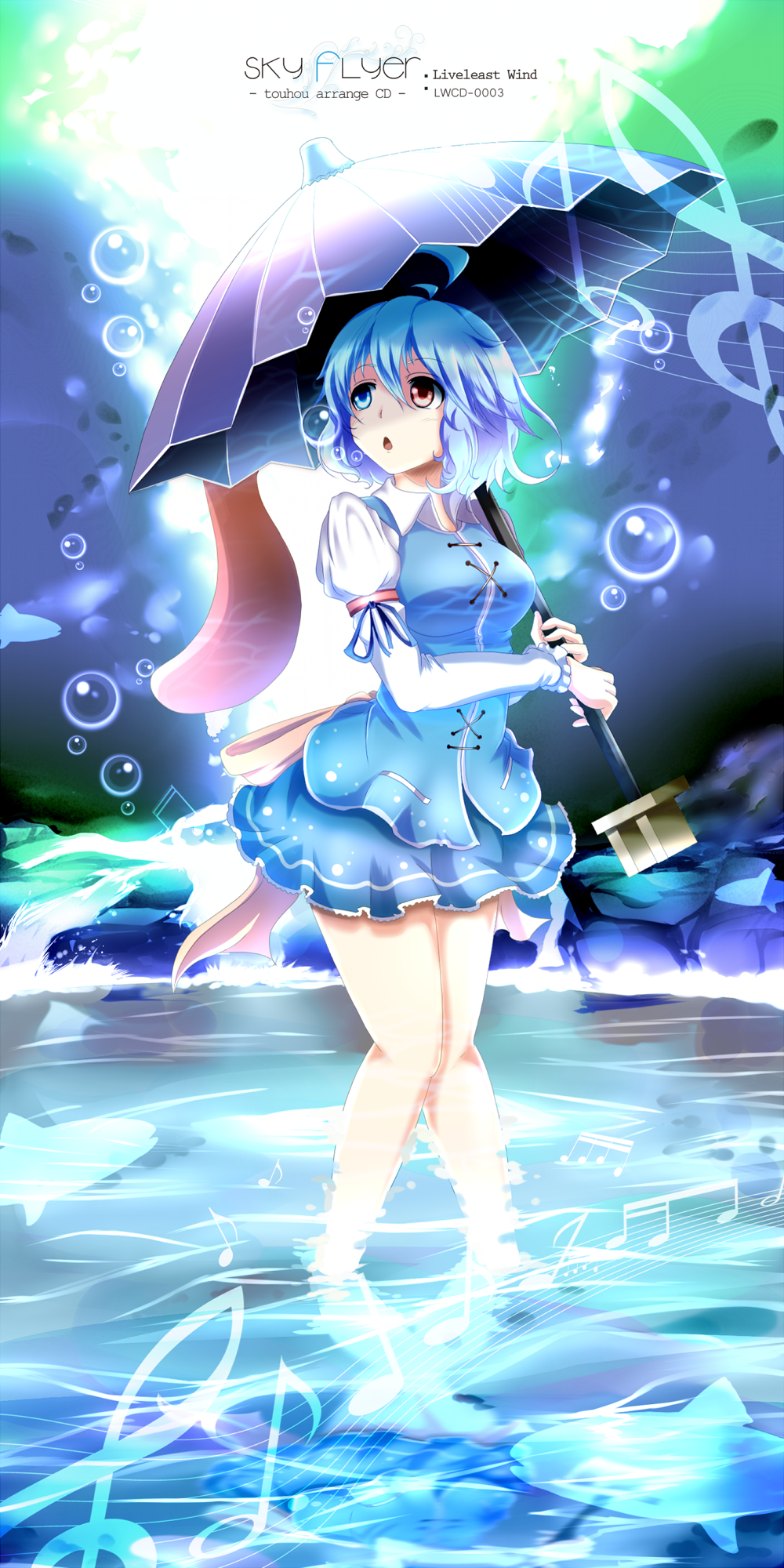 1girl, barefoot, blue_hair, bubble, female_focus, fish, heterochromia, highres