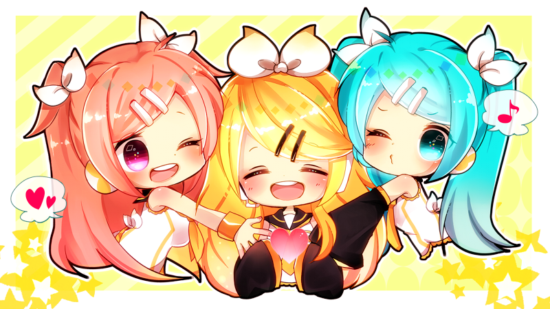 3girls, aqua_eyes, aqua_hair, blonde_hair, chibi, closed_eyes, detached_sleeves, hair_ornament