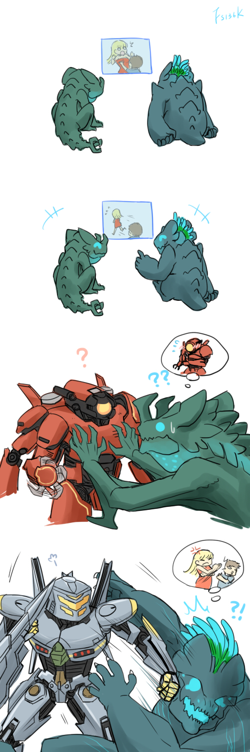 !?, 4.211_brass_knuckles, 4koma, ?, annoyed, assault_mount_3.25_sting-blades, brass_knuckles, chibi, comic, crimson_typhoon, grabbing_another's_breast, groping, highres, imagining, jaeger_(pacific_rim), kaiju, leatherback, legendary_pictures, mecha, no_humans, otachi, pacific_rim, pan_pacific_defense_corps, punching, quanna, robot, saw, speech_bubble, striker_eureka, super_robot, sweatdrop, thought_bubble, weapon, wrist_blades