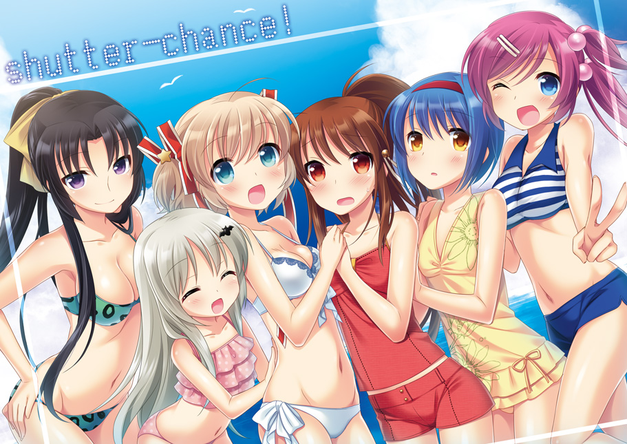 6+girls, :d, beach, bikini, bikini_shorts, black_hair, blonde_hair, blue_eyes, blue_hair, breasts, brown_hair, closed_eyes, kamikita_komari, kurugaya_yuiko, little_busters!, long_hair, medium_breasts, multiple_girls, natsume_rin, navel, nishizono_mio, noumi_kudryavka, ocean, one_eye_closed, open_mouth, pink_hair, ponytail, purple_eyes, red_eyes, saigusa_haruka, short_hair, shorts, side_ponytail, small_breasts, smile, swimsuit, touon, twintails, v, water, white_hair, wink, yellow_eyes