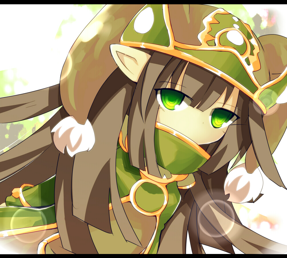 1girl, brown_hair, covered_mouth, female_focus, gnome_(mon-musu_quest!), green_eyes, hat, hime_cut, letterboxed, long_hair, mon-musu_quest!, pointy_ears, sidelocks, solo, zamudelin