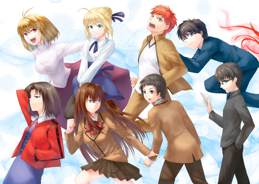 00s, 4boys, 4girls, aozaki_aoko, aqua_eyes, arcueid_brunestud, artoria_pendragon_(fate), black_hair