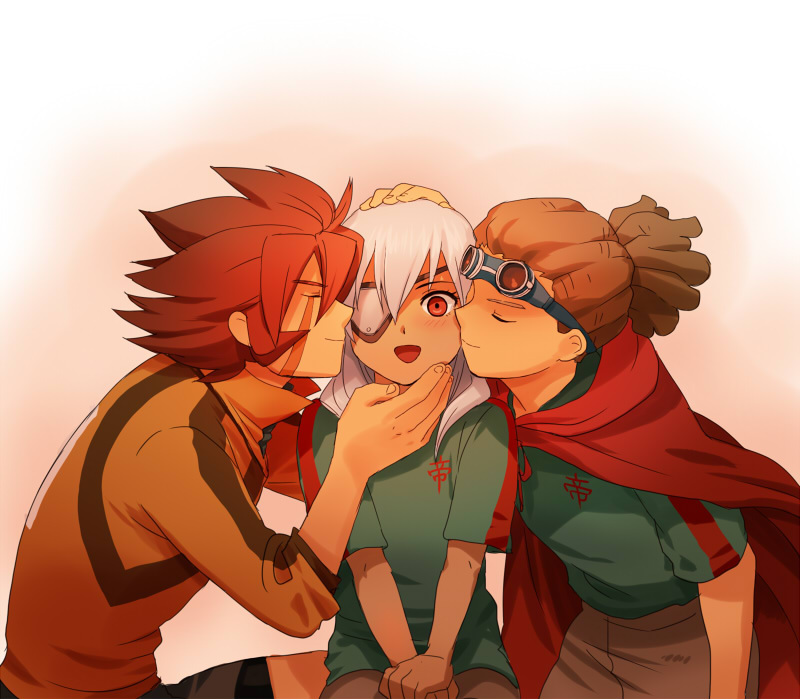 3boys, bad_id, bad_pixiv_id, blush, brown_hair, cape, eyepatch, closed_eyes