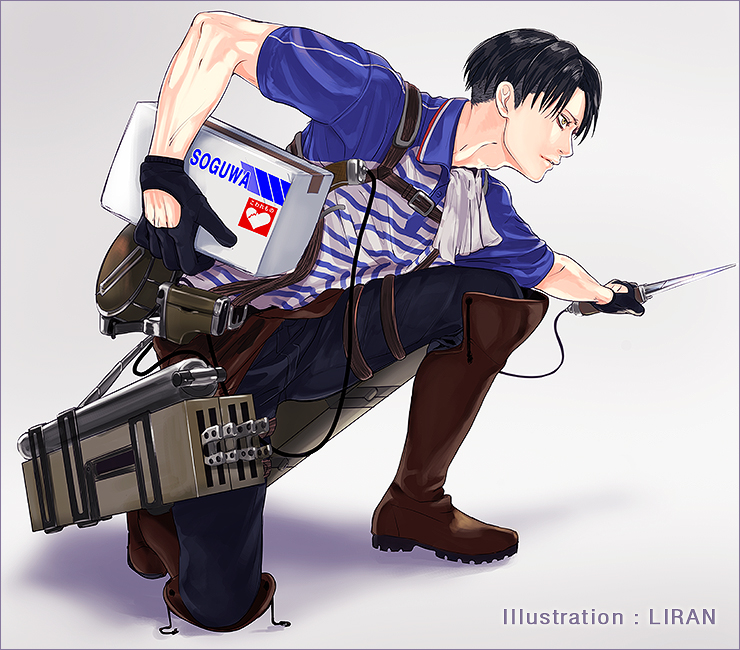 1boy, artist_name, black_gloves, black_hair, boots, gloves, levi_(shingeki_no_kyojin), liran_(iro)