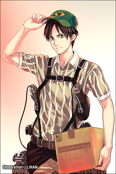 1boy, artist_name, baseball_cap, black_hair, box, cardboard_box, delivery, employee_uniform