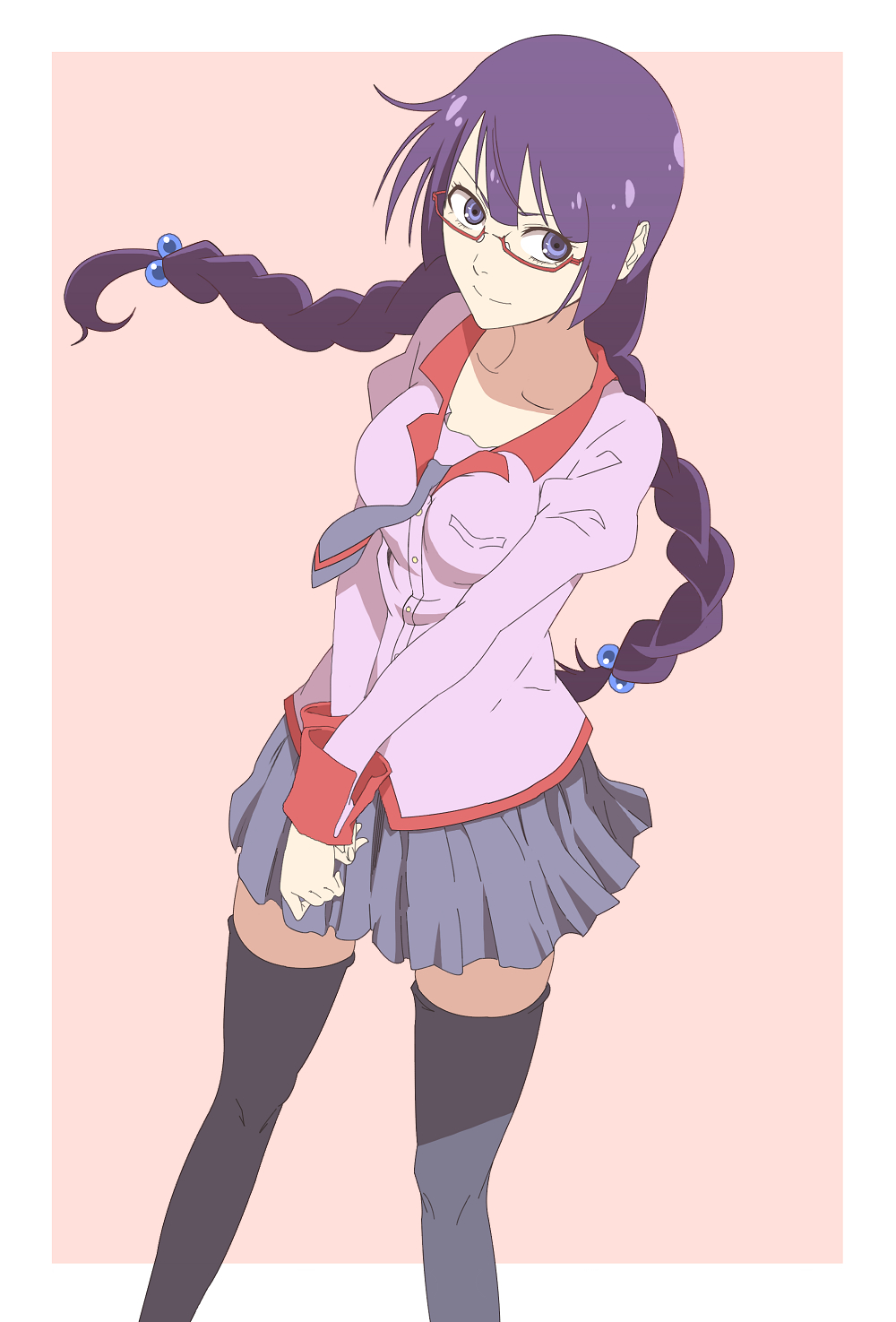 1girl, ajisu_abeba, alternate_hairstyle, bad_id, bad_pixiv_id, bakemonogatari, bespectacled, black_thighhighs