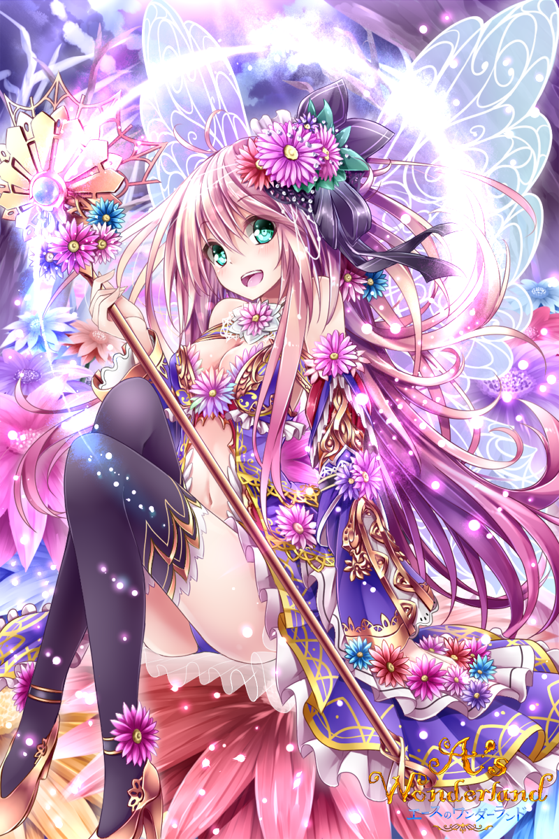 1girl, :d, a's_wonderland, ahoge, aqua_eyes, bare_shoulders, black_thighhighs, blue_panties