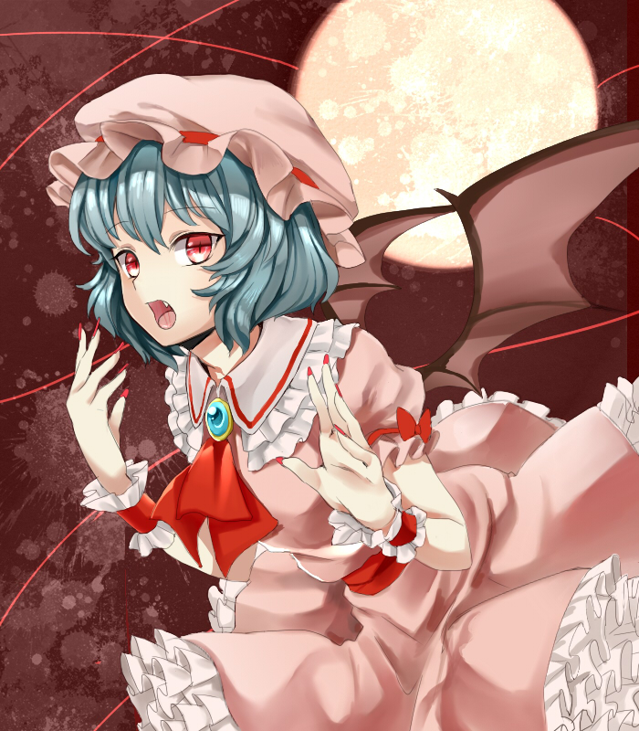 1girl, bad_id, bad_pixiv_id, bat_wings, blood, blood_splatter, blue_hair, fang