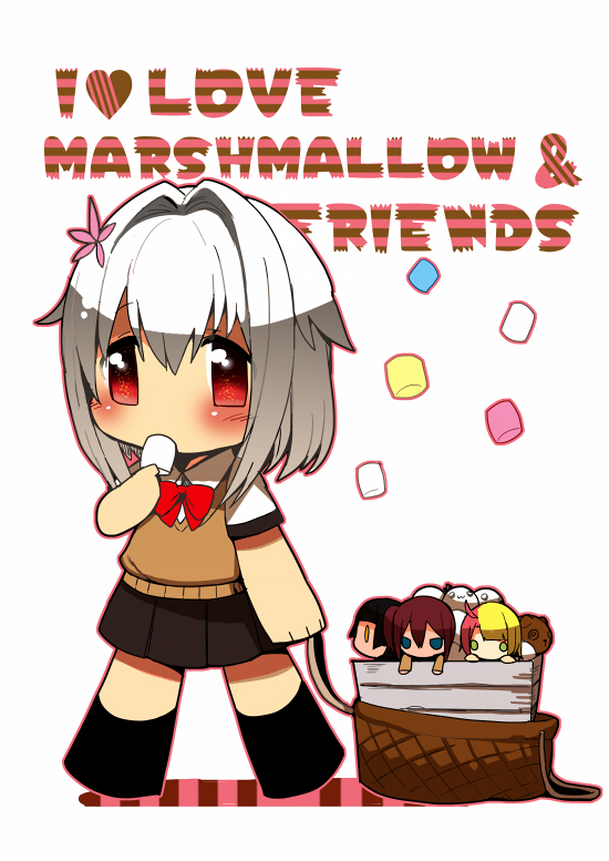 ahoge, asai_miki, black_hair, blonde_hair, blue_eyes, blush, chibi, eating