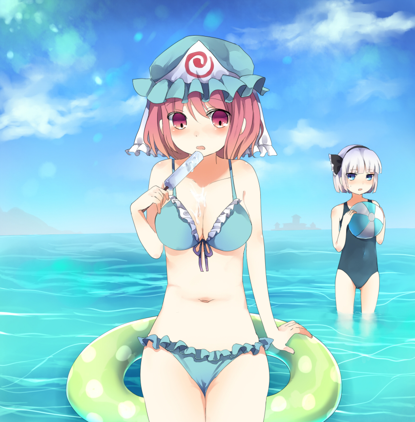 2girls, ball, beachball, bikini, blue_eyes, blue_one-piece_swimsuit, blue_sky, breasts, building, cloud, day, flat_chest, food, frilled_bikini, frills, hachimitsu_ame_(phoenix), hair_ribbon, hairband, hat, highres, ice_cream, innertube, konpaku_youmu, medium_breasts, mountain, multiple_girls, ocean, one-piece_swimsuit, open_mouth, outdoors, pink_eyes, pink_hair, popsicle, ribbon, saigyouji_yuyuko, school_swimsuit, school_uniform, short_hair, silver_hair, sky, swim_ring, swimsuit, touhou, water