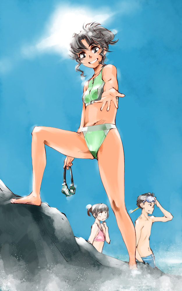 1boy, 2girls, alternate_hairstyle, amagami, bad_id, bad_pixiv_id, barefoot, beach