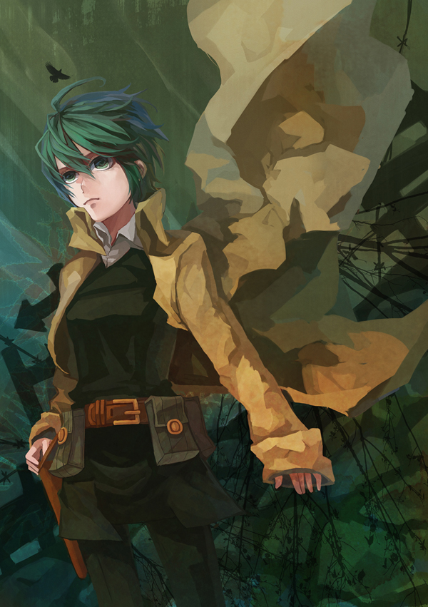 00s, 1girl, ahoge, androgynous, belt, bird, coat, expressionless