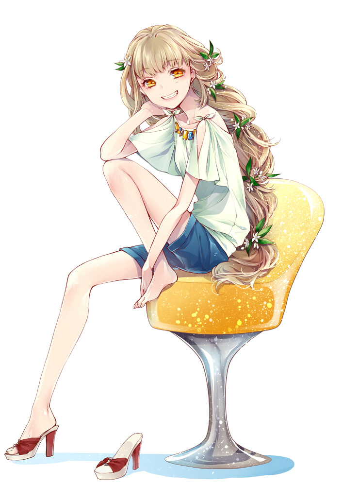 1girl, barefoot, brown_hair, chair, feet, feet_on_chair, female_focus, flower