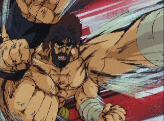 1990s_(style), animated, animated_gif, beard, facial_hair, fighting, hokuto_no_ken, hokuto_no_ken_2, hyakuretsu-ken, kenshiro, lowres, male_focus, martial_arts, muscular, retro_artstyle, suda_masami