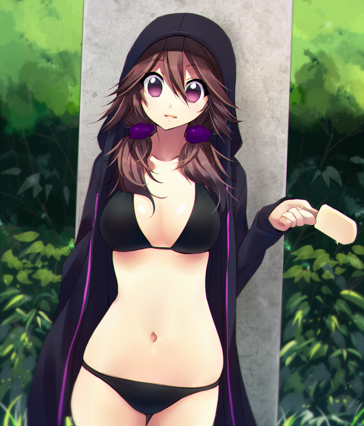 1girl, alternate_costume, bad_id, bad_pixiv_id, bikini, black_bikini, brown_hair, female_focus, food, himekaidou_hatate, hood, hoodie, long_hair, looking_at_viewer, navel, open_clothes, open_hoodie, popsicle, purple_eyes, smile, solo, sushikuugo_(suisen), swimsuit, touhou, twintails