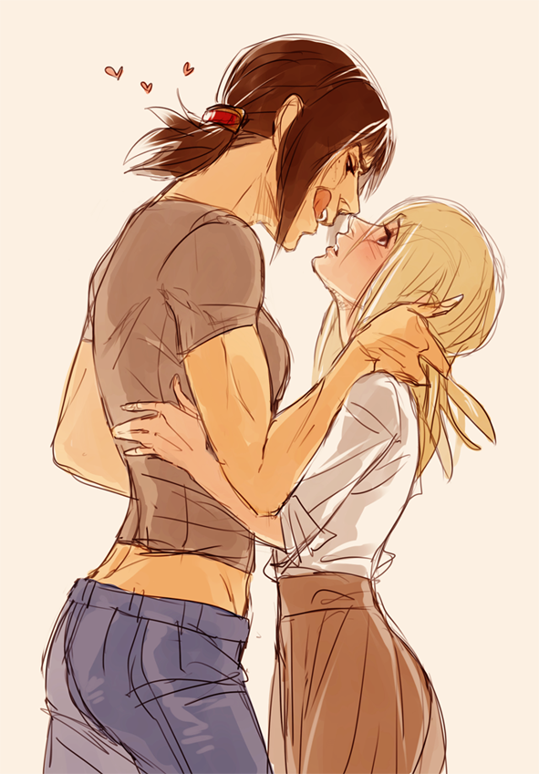2girls, :q, bad_id, bad_tumblr_id, blonde_hair, brown_hair, freckles, grabbing_another's_hair, happyd, happyds, height_difference, holding_another's_hair, imminent_kiss, krista_lenz, looking_at_another, multiple_girls, muscular, naughty_face, ponytail, shingeki_no_kyojin, short_hair, tongue, tongue_out, ymir_(shingeki_no_kyojin), yuri