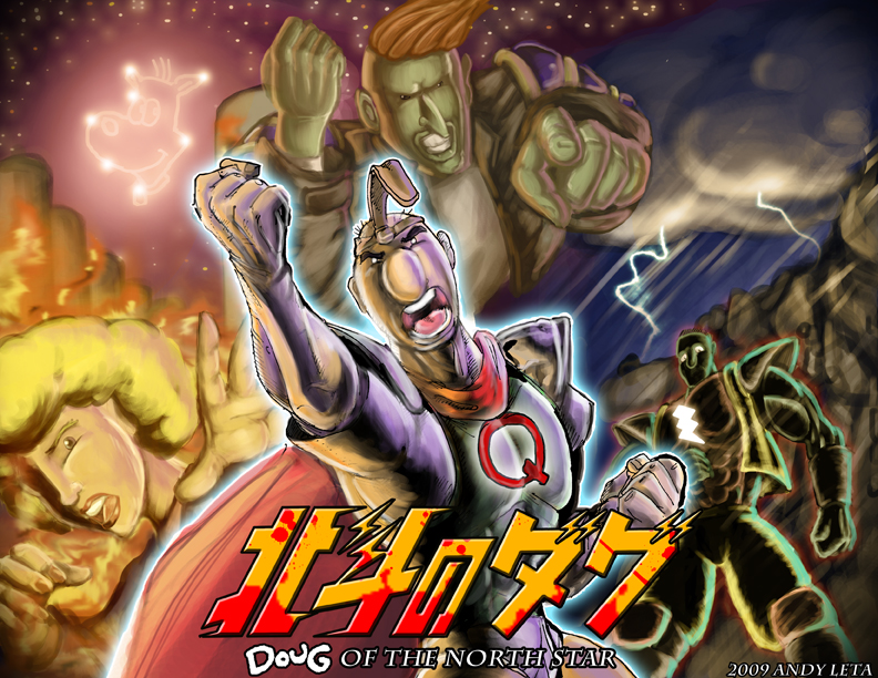 1girl, 3boys, angry, artist_request, belt, cape, cloud, crossover, doug, doug_funnie, fist_shaking, hokuto_no_ken, kenshiro, lightning, male_focus, mr._heart, multiple_boys, night, non-web_source, open_mouth, parody, patti_mayonnaise, quailman, roger_klotz, sachiel_(evangelion), sky, star_(sky), teeth