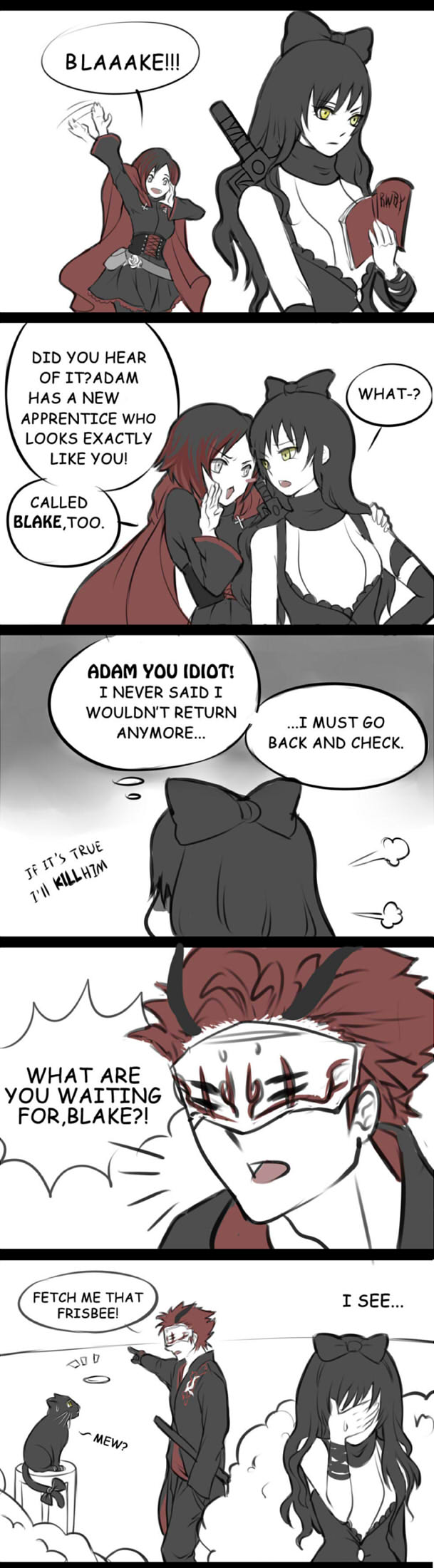 1boy, 2girls, adam_taurus, black_hair, blake_belladonna, book, cat, comic