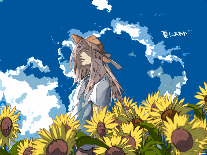 1boy, bad_id, bad_pixiv_id, casual, diavolo, enri2010, flower, hat