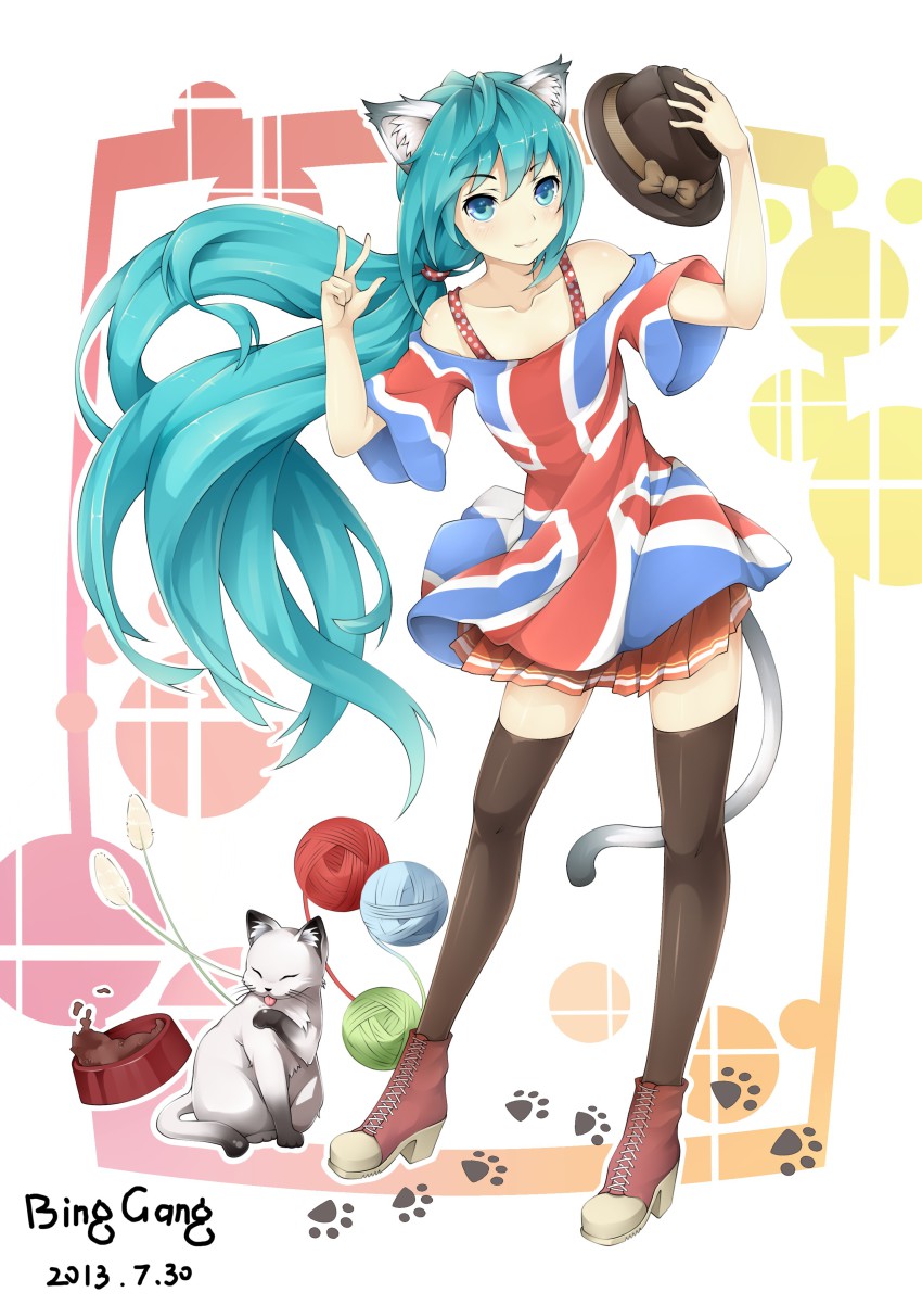 10s, 1girl, 2013, absurdres, animal_ears, aqua_eyes, aqua_hair, artist_name