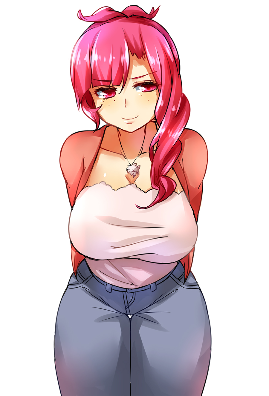 1girl, aged_up, ahoge, arms_behind_back, asymmetrical_hair, bent_over, blush, braid, breasts, cardigan, cleavage, denim, enki_(dragonfire), female_focus, freckles, highres, hina_(naso4), huge_breasts, jacket, jeans, jewelry, large_breasts, leaning_forward, long_hair, necklace, original, pants, pink_eyes, pink_hair, ponytail, short_hair, side_braid, simple_background, smile, solo, standing, thigh_gap, thighs, white_background