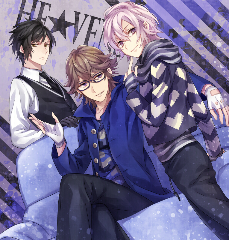 10s, 3boys, brown_hair, fingerless_gloves, glasses, gloves, long_sleeves, male_focus