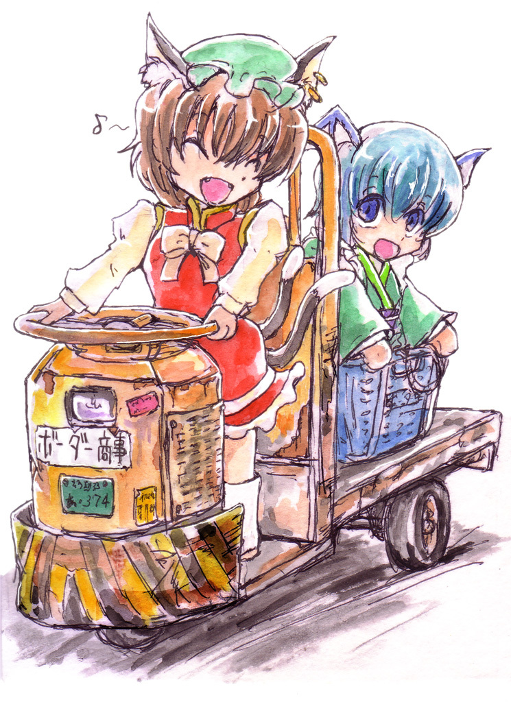 2girls, animal_ears, blue_eyes, blue_hair, bonnet, brown_hair, cat_ears, cat_tail, chen, dress, driving, earrings, fangs, japanese_clothes, jewelry, multiple_girls, multiple_tails, musical_note, riding, short_hair, smile, sodbre_(takaya), steering_wheel, tail, touhou, turret_truck, wakasagihime, white_background