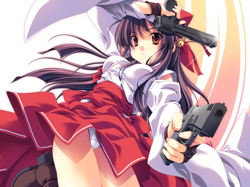 1girl, bell, black_hair, brown_eyes, dual_wielding, female_focus, festa!!_hyper_girls_pop, gun, hakama, hakama_skirt, handgun, hands_on_own_hips, highres, holding, japanese_clothes, kuonji_rin, kuonzi_rin, long_hair, miko, miyama-zero, panties, pantyshot, pistol, purple_hair, red_hakama, skirt, solo, underwear, weapon, yellow_eyes
