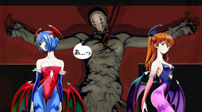 2girls, animal_print, ayanami_rei, bare_shoulders, bat_print, bat_wings, blue_eyes, blue_hair, breasts, capcom, cleavage, collarbone, cosplay, crossover, demon_girl, detached_sleeves, diamond_(gemstone), diamond_(shape), dottona_(dotna), head_wings, heart, kaonashi, lilith_(darkstalkers), lilith_(darkstalkers)_(cosplay), long_hair, looking_away, looking_back, mask, morrigan_aensland, morrigan_aensland_(cosplay), multiple_girls, neon_genesis_evangelion, orange_hair, patterned_legwear, red_eyes, sen_to_chihiro_no_kamikakushi, serious, short_hair, smile, souryuu_asuka_langley, speech_bubble, strapless, text_focus, translation_request, darkstalkers, wings