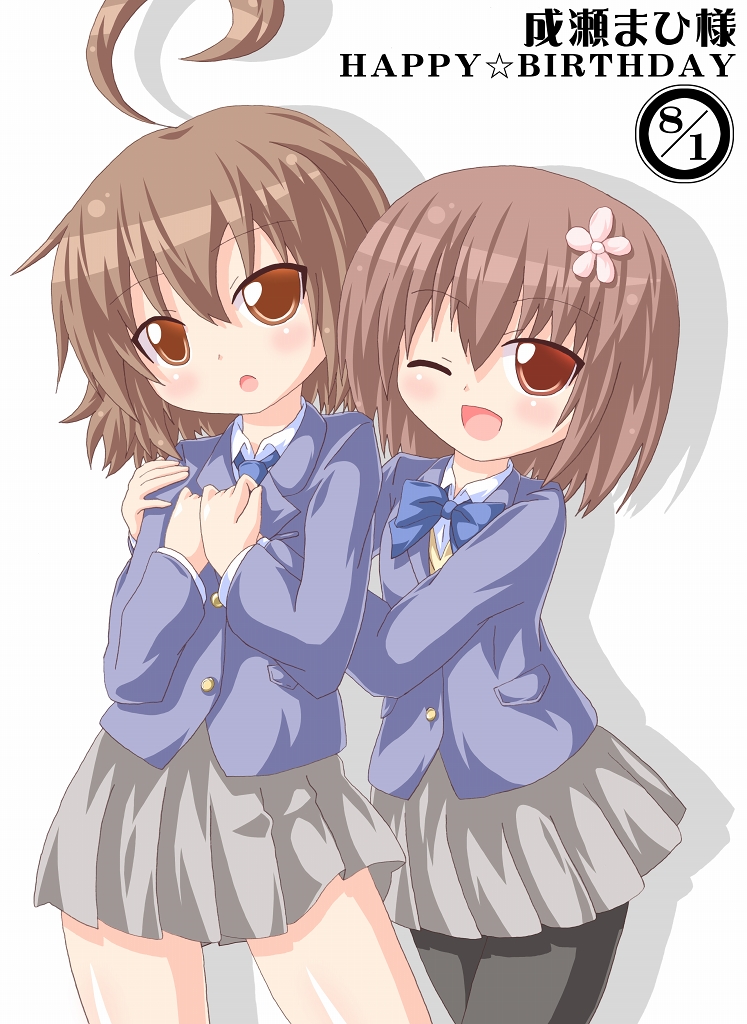 10s, 2girls, :o, ;d, ahoge, andou_natsuki, black_hair, bow