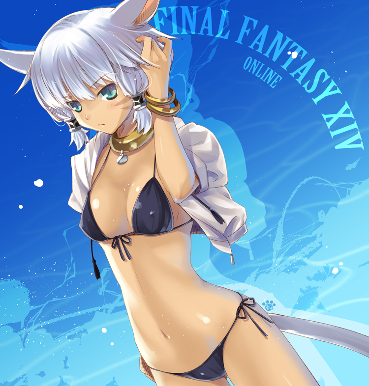 10s, 1girl, animal_ears, aqua_eyes, bad_id, bad_pixiv_id, bikini, black_bikini, blue_eyes, bracelet, breasts, cat_ears, cat_girl, cat_tail, female_focus, final_fantasy, final_fantasy_xiv, jacket, jewelry, lots_of_jewelry, mame-p, miqo'te, navel, necklace, short_hair, slit_pupils, small_breasts, solo, square_enix, swimsuit, tail, white_hair, y'shtola_rhul