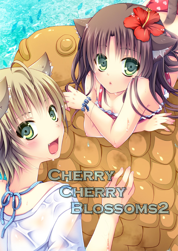 2girls, ahoge, animal_ears, bikini, blonde_hair, brown_hair, cat_ears, cat_tail