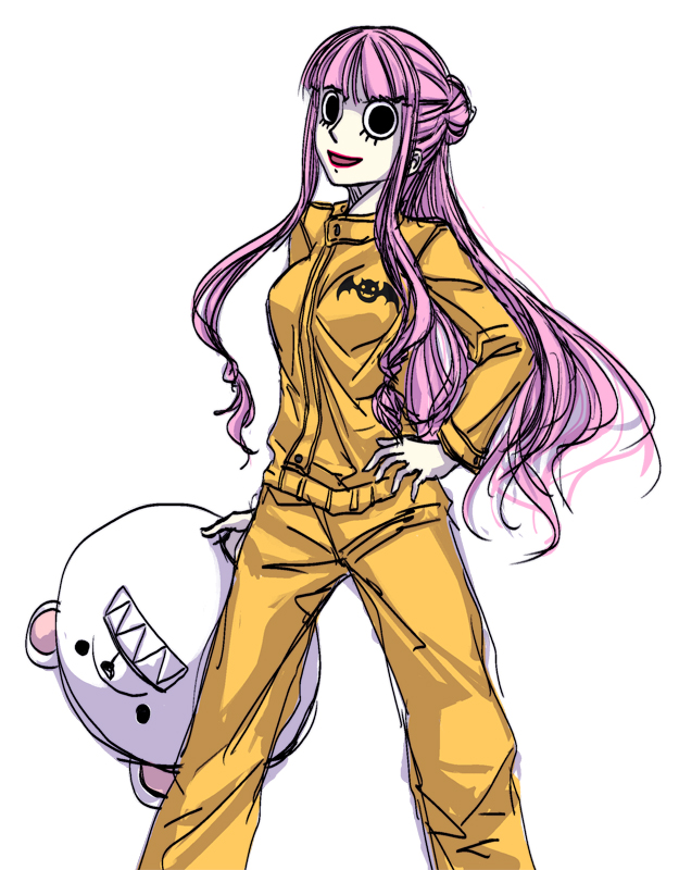 1girl, alternate_costume, animal_ears, bat_(animal), bat_(symbol), bear, bepo_(one_piece), bepo_(one_piece)_(cosplay), cosplay, female_focus, hand_on_own_hip, heart_pirates, mask, one_piece, perona, pink_hair, pupupu