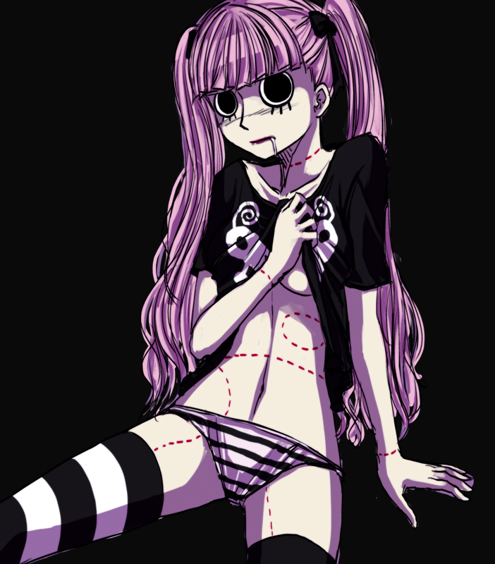 1girl, black_background, breasts, empty_eyes, female_focus, one_piece, panties, perona