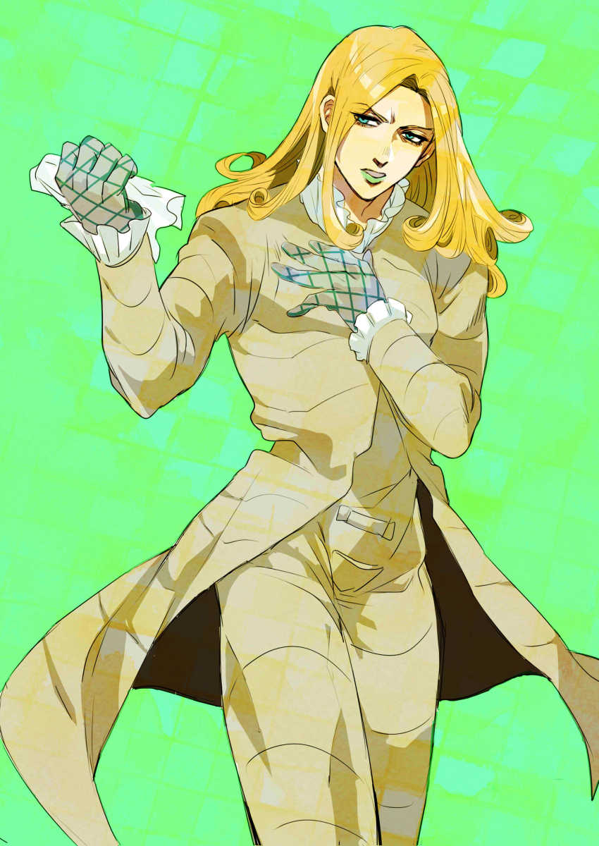 1boy, absurdres, bad_id, bad_pixiv_id, blonde_hair, curly_hair, funny_valentine, gloves