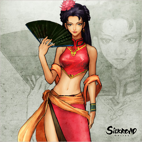 bare_shoulders, black_hair, bracelet, china_dress, chinese_clothes, dress, flower, folding_fan, green_eyes, hand_fan, jewelry, lowres, midriff, sash, side_slit, silkroad_online, solo, zoom_layer