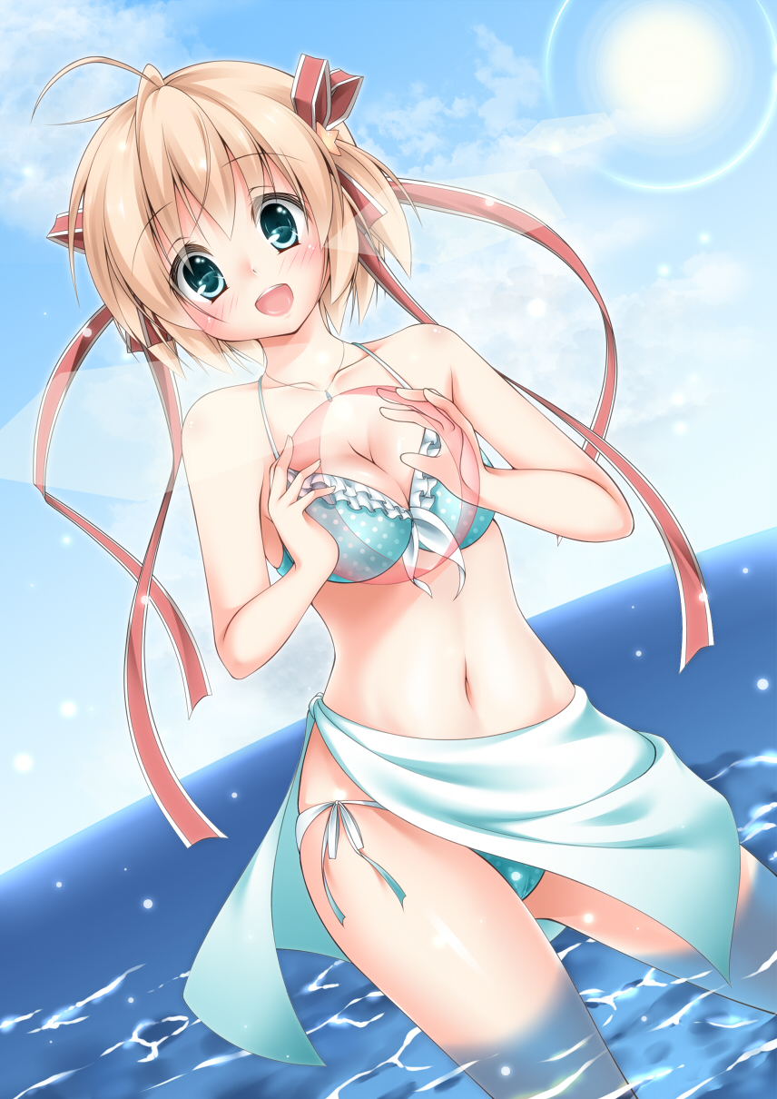 1girl, :d, ahoge, bad_id, bad_pixiv_id, ball, beachball, bikini