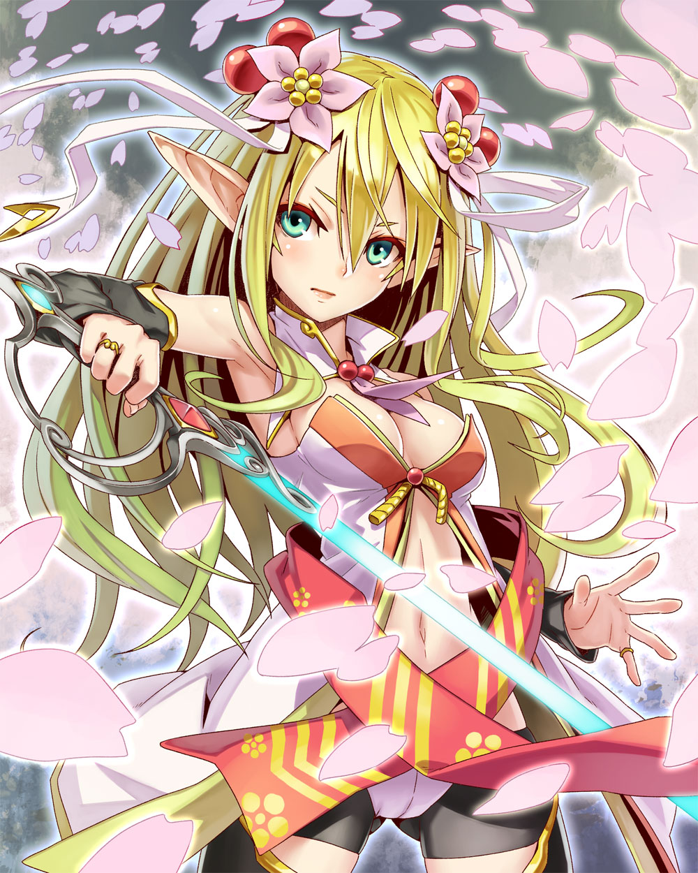 1girl, bare_shoulders, bike_shorts, black_thighhighs, blonde_hair, breasts, cherry_blossoms, cleavage, detached_sleeves, elf, female_focus, flower, fukukitaru, green_eyes, hair_flower, hair_ornament, highres, jewelry, lips, makai_touitsu_chaos_blade, midriff, navel, petals, pointy_ears, ring, solo, sword, thighhighs, weapon