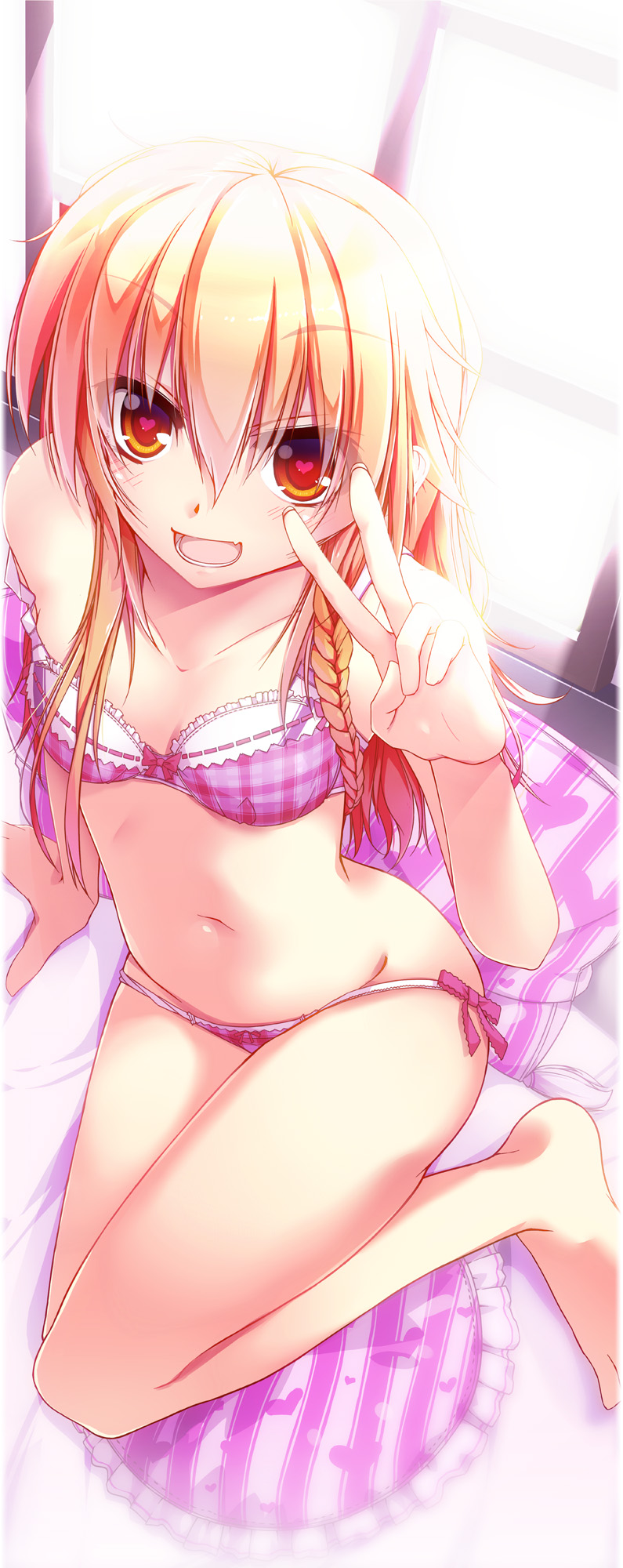 1girl, bed, blonde_hair, bra, braid, female_focus, heart, heart-shaped_pupils