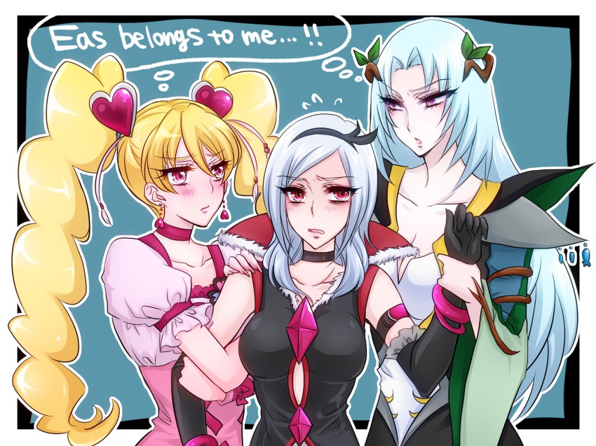 00s, 3girls, arm_hug, black_gloves, black_neckwear, blonde_hair, blue_background, blue_hair