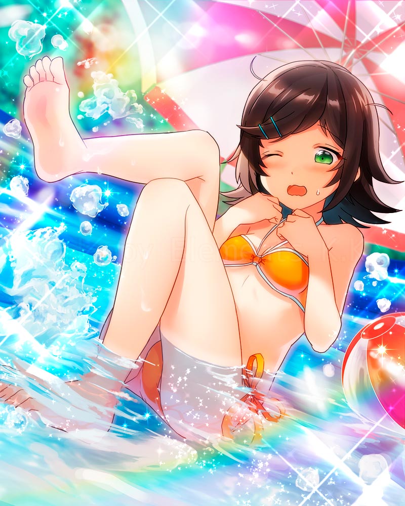 1girl, ball, barefoot, beachball, bikini, brown_hair, ensemble_girls!, feet, female_focus, green_eyes, hair_ornament, hairclip, hairpin, leg_lift, legs, ocean, official_art, one_eye_closed, orange_bikini, original, partially_submerged, rainbow, sasame_hiyono, short_hair, side-tie_bikini_bottom, sitting, soles, solo, sweatdrop, swimsuit, toes, umbrella, water, water_drop, watermark, wavy_mouth, wink