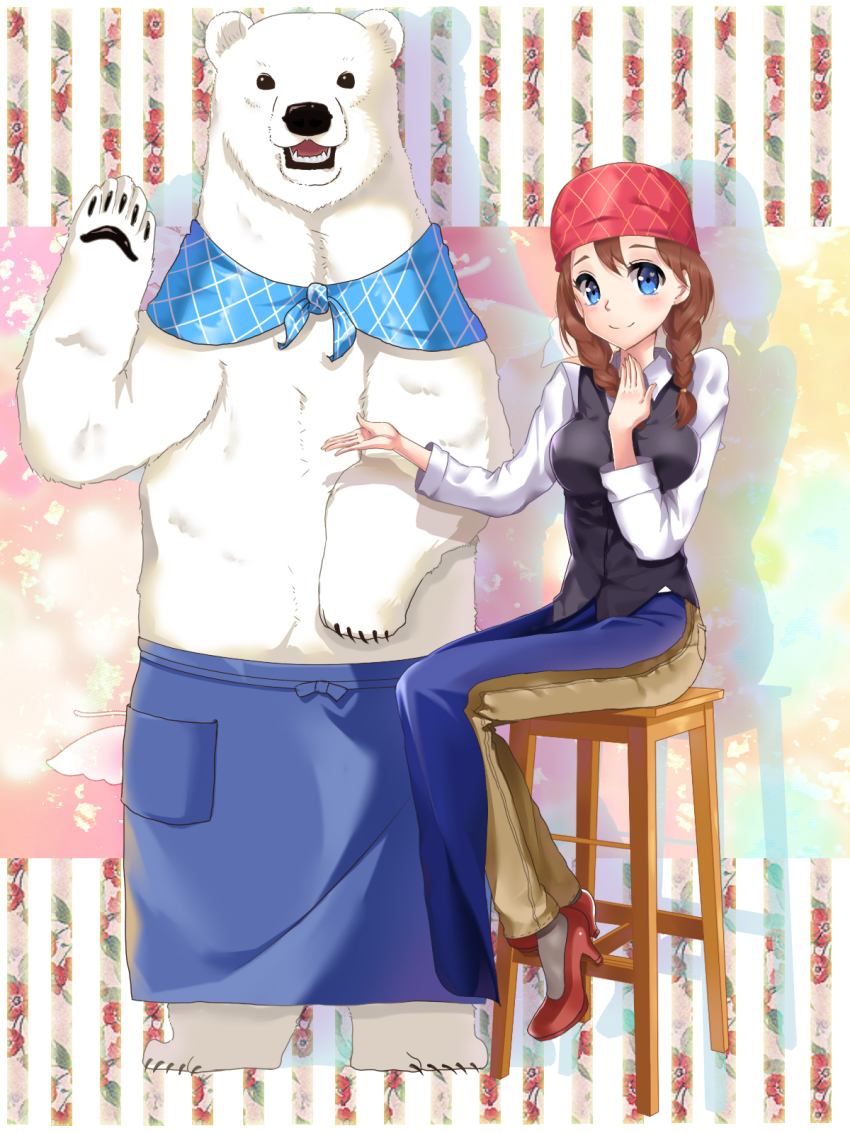 1girl, apron, bandana, bear, blue_eyes, blush, brown_hair, female_focus